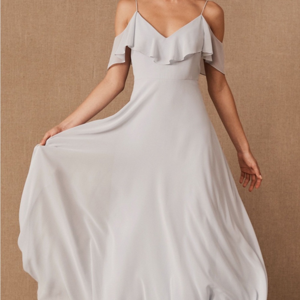 Jenny Yoo Soft Gray Maxi Dress with Ruffle Sleeves